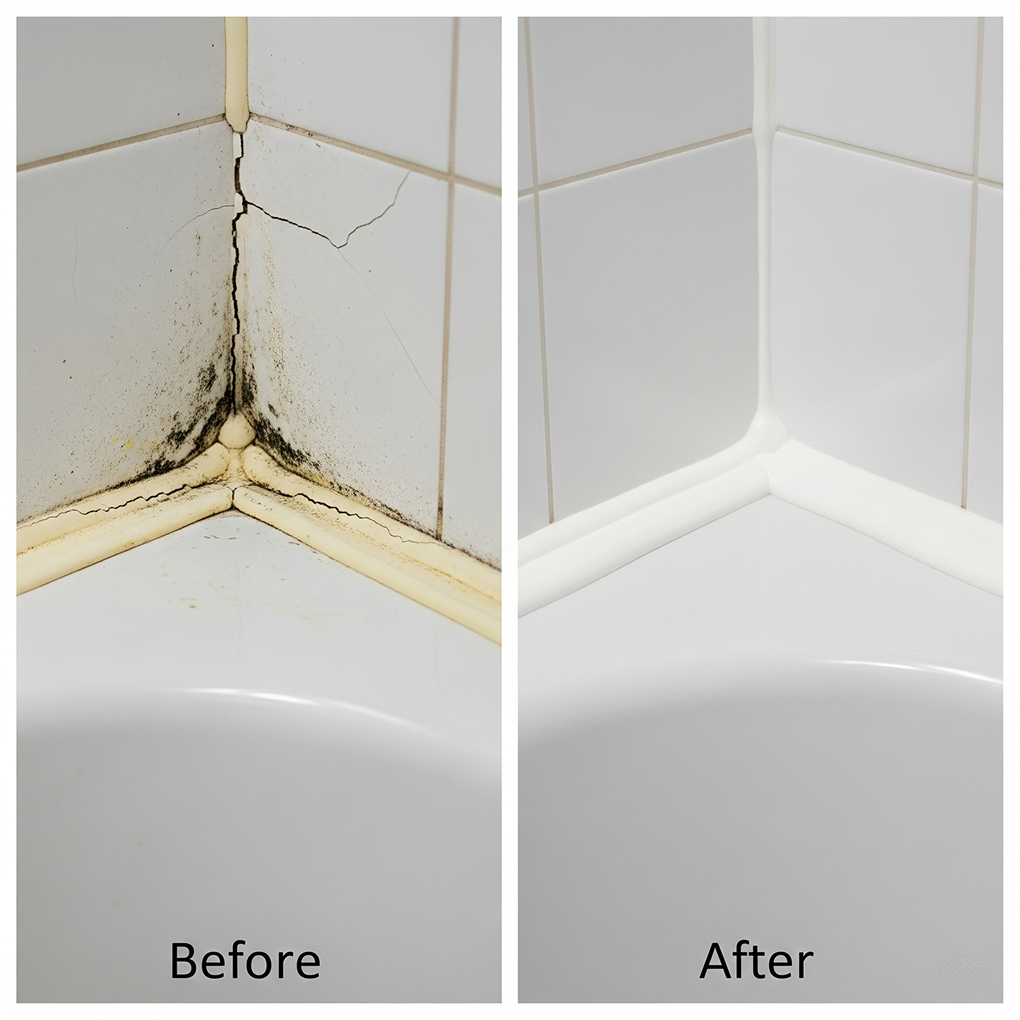 Before and after comparison of moldy, cracked silicone and freshly applied clean silicone sealant in a kitchen or bathroom corner.