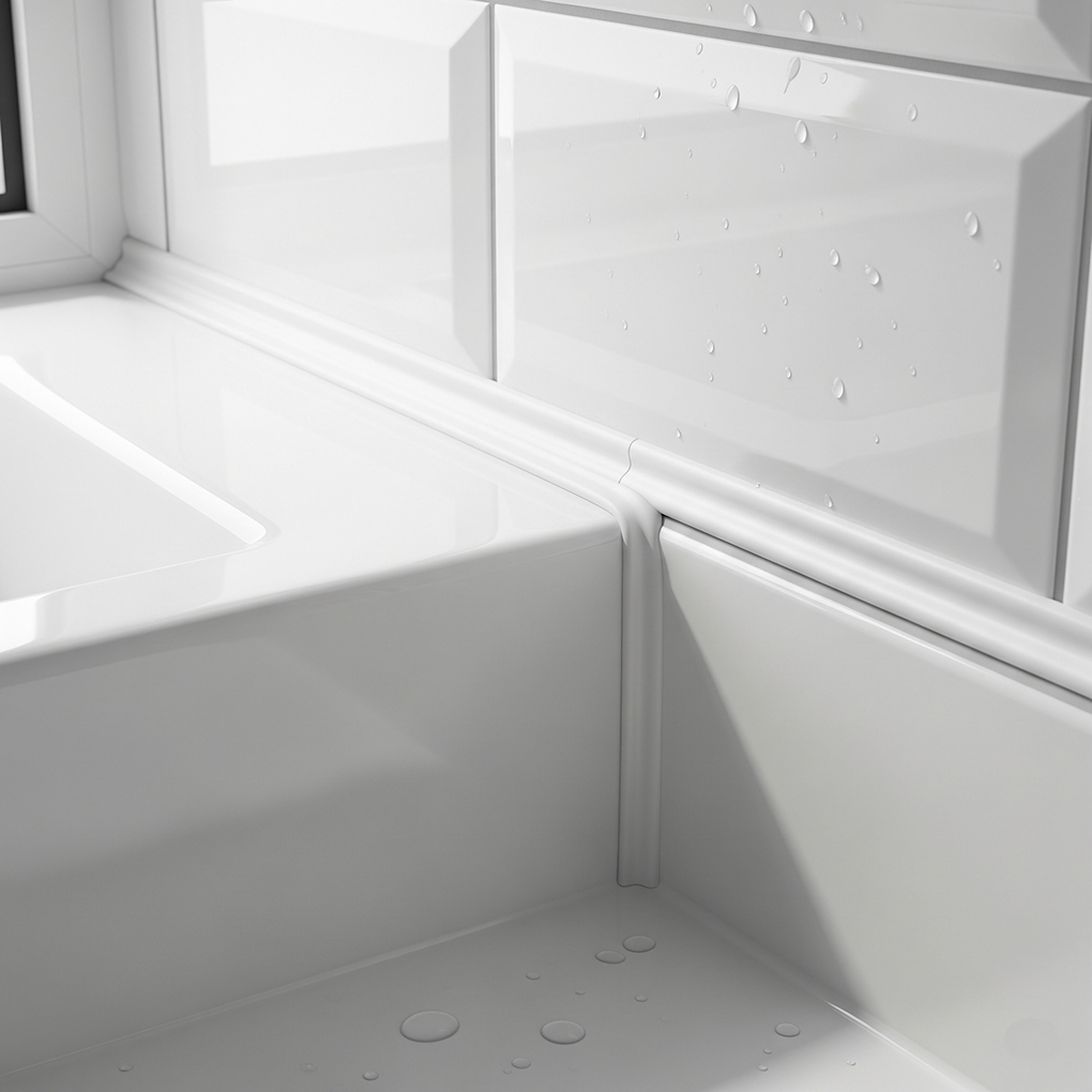 perfect-finished-silicone-joint-kitchen-bathroom.jpg ALT TEXT: Hyper-realistic close-up of a perfectly finished, clean white silicone joint between tiles and a sink or bathtub.