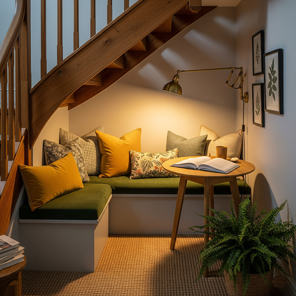 Cozy Under-Stair Reading Nook with Soft Lighting A warm and inviting reading nook nestled under a wooden staircase, featuring a comfortable green bench with yellow and patterned cushions, a small round table with a book and lamp, and framed botanical prints on the wall.