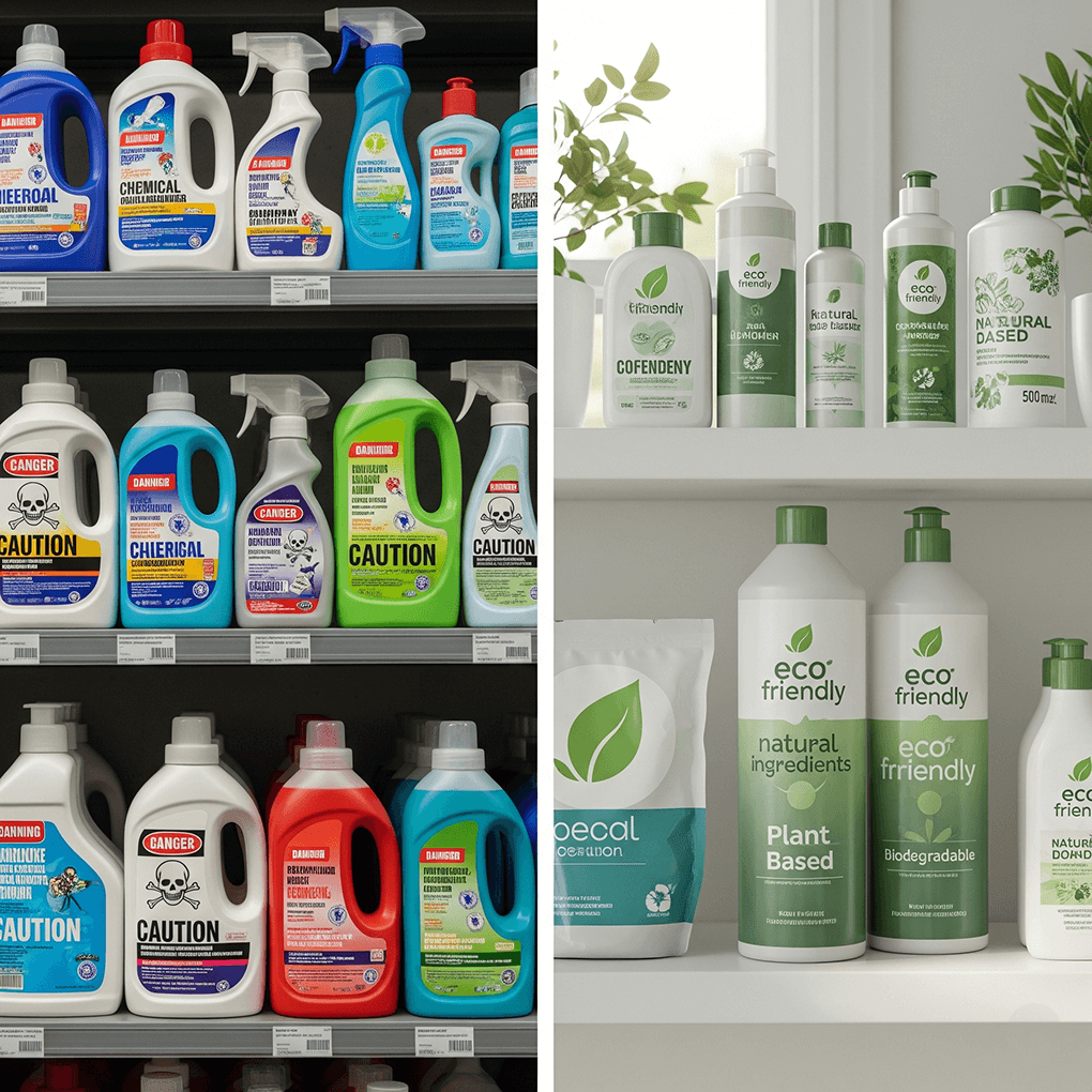 Split-screen comparison of harmful chemical cleaning products with warning labels and safe, natural eco-friendly cleaners.