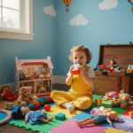 Child playing with toys in a clean and safe playroom with colorful mats and eco-friendly cleaning products