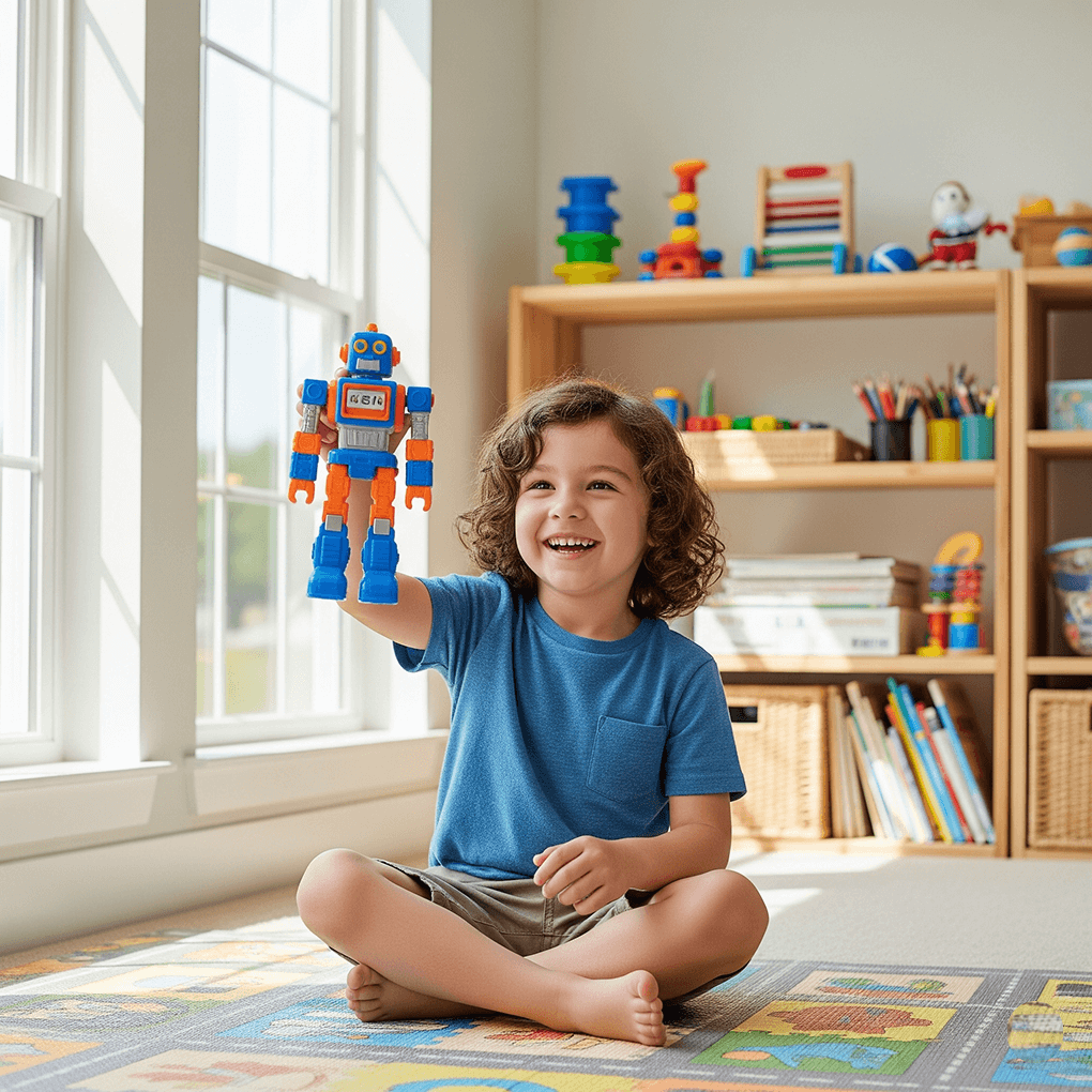 A happy child with a bright smile holds a toy robot in a sunlit, clean playroom with natural light.