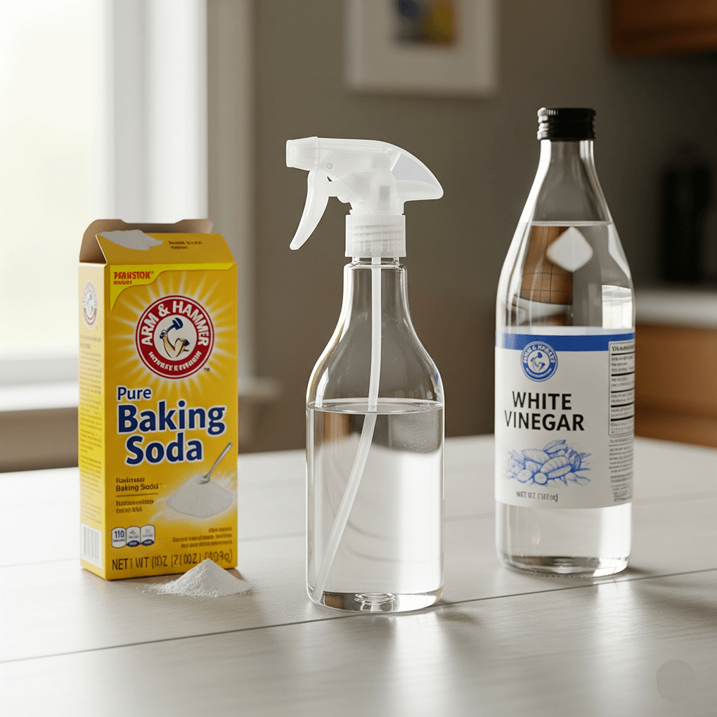 Natural DIY cleaning ingredients like white vinegar and baking soda with eco-friendly tools for cleaning toys.