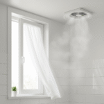 Bright, clean bathroom with an open window and a ceiling exhaust fan actively venting steam, promoting airflow to prevent mildew.