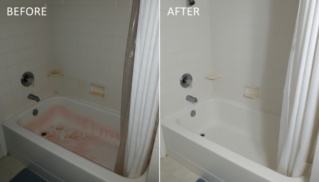 Before and after comparison of a bathroom showing a dirty tub with pink mold and a clean, sparkling tub after cleaning.