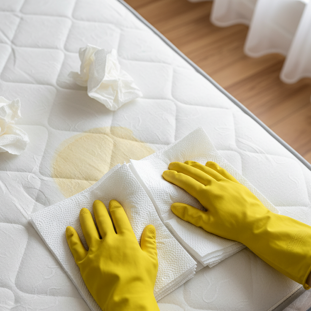 A person in yellow gloves using paper towels to blot a fresh yellow stain on a mattress, showing the initial step of the stain removal process.