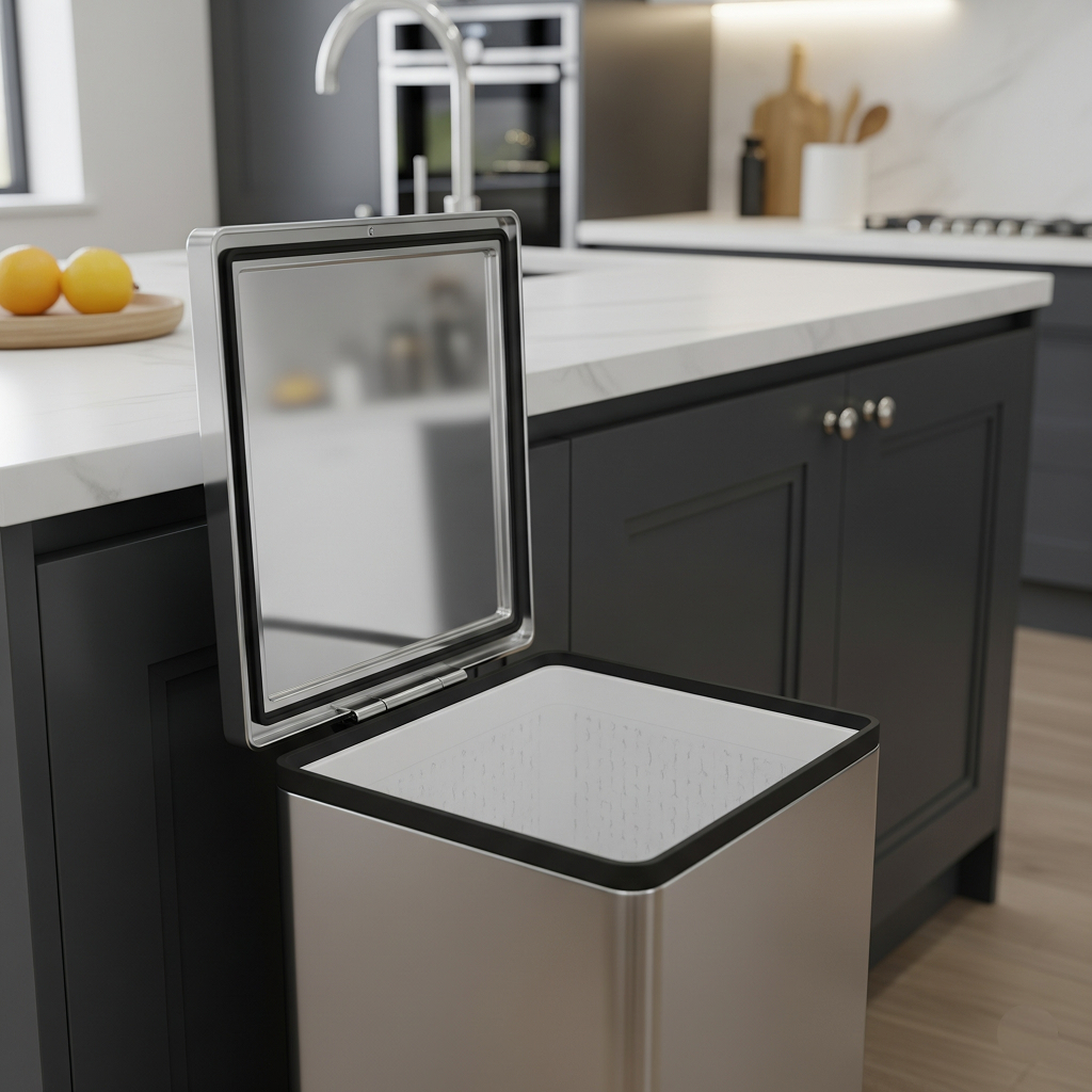 A clean, modern kitchen featuring a sleek, stainless steel trash can with an open, empty interior, representing an odor-free solution.