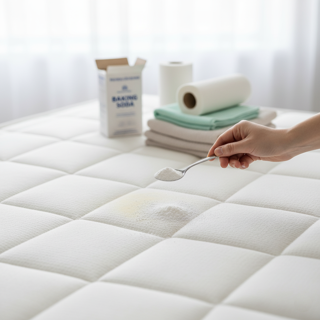 A person sprinkling baking soda on a mattress stain, showing a step in the process of cleaning a mattress with baking soda for stain removal.