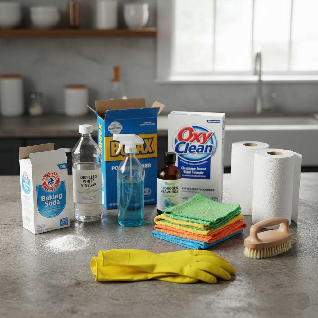 A collection of common DIY mattress cleaning supplies including baking soda, distilled white vinegar, borax, OxiClean, hydrogen peroxide, and cleaning cloths.