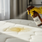 A person spraying hydrogen peroxide from a brown bottle onto a mattress to treat a yellow stain, demonstrating a cleaning method.