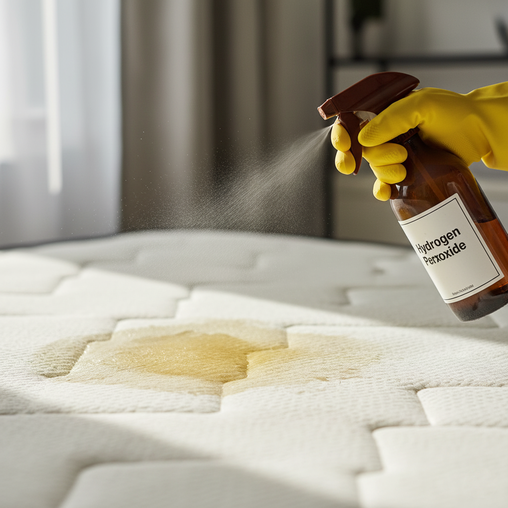A person spraying hydrogen peroxide from a brown bottle onto a mattress to treat a yellow stain, demonstrating a cleaning method.