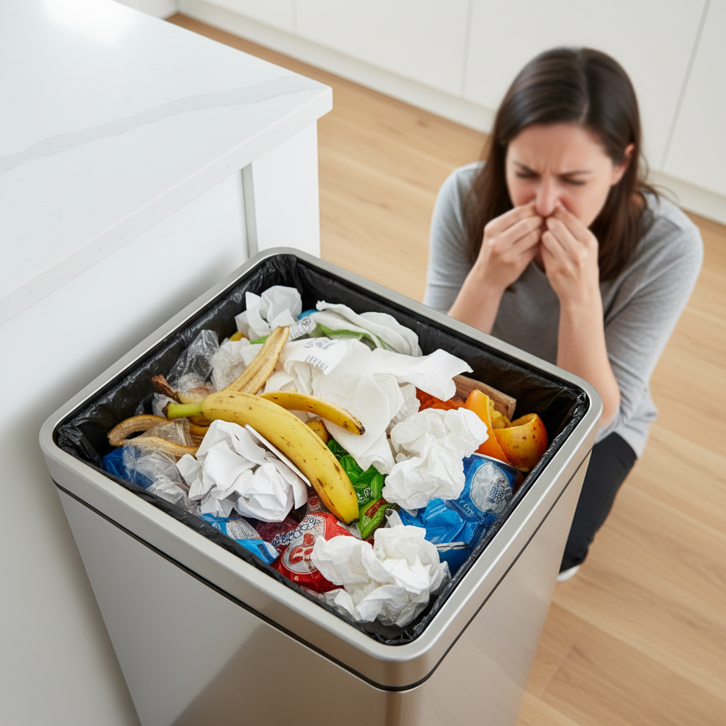 A person crouched down, holding their nose in disgust next to an overflowing indoor trash can filled with paper and food waste, demonstrating the unpleasantness of kitchen trash odor.