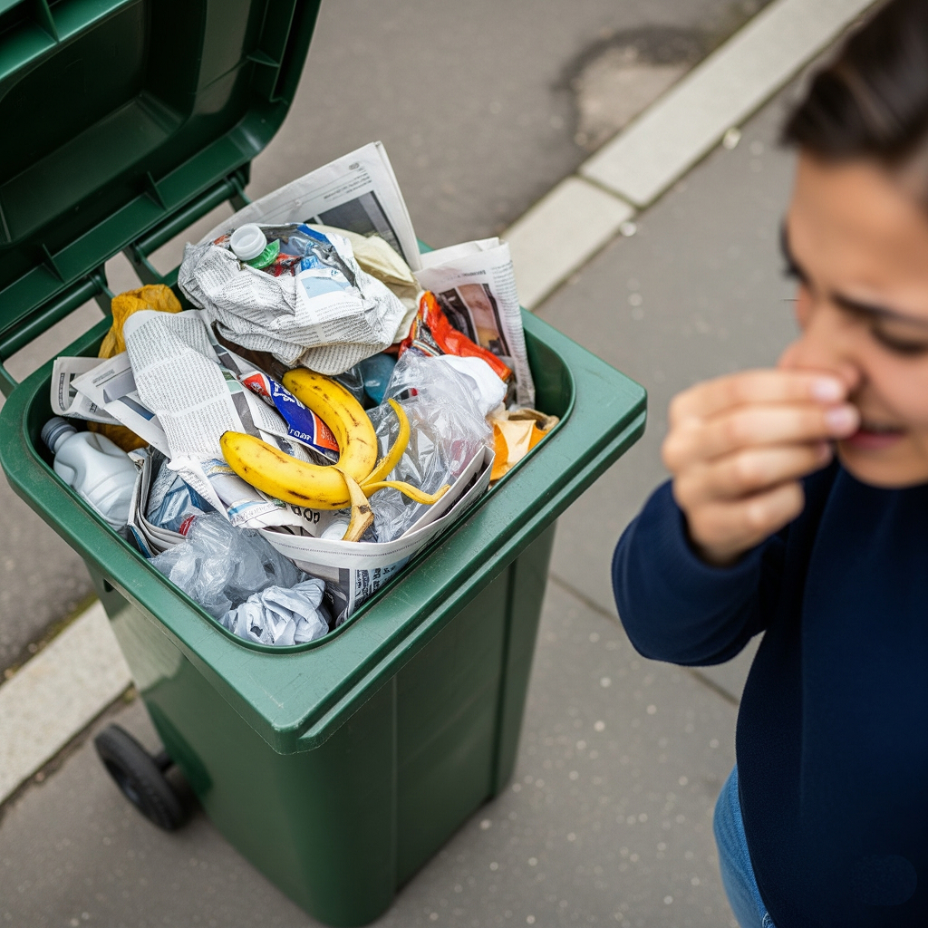 overflowing-smelly-trash-bin.jpg ALT Text: An outdoor trash bin overflowing with garbage, including a banana peel, while a person holds their nose in disgust, illustrating a common trash odor problem.