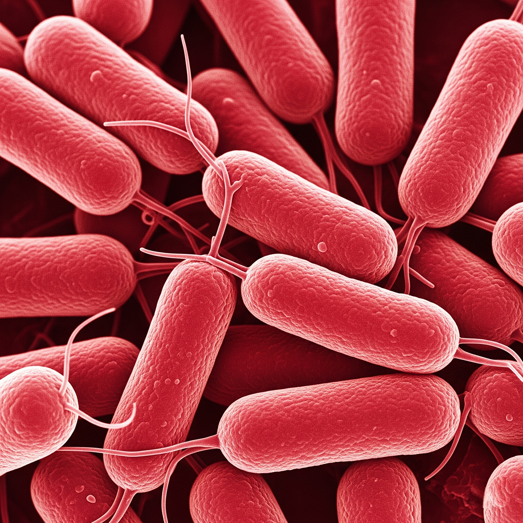 Microscopic view of red, rod-shaped bacteria with flagella, likely Serratia marcescens, which causes pink mold in bathrooms.