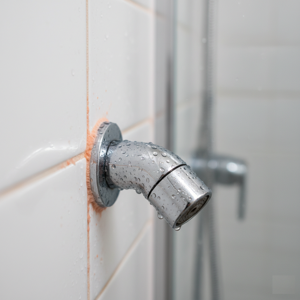 Close-up of a chrome shower faucet with water droplets and noticeable pink mold buildup around its base on white tiles.