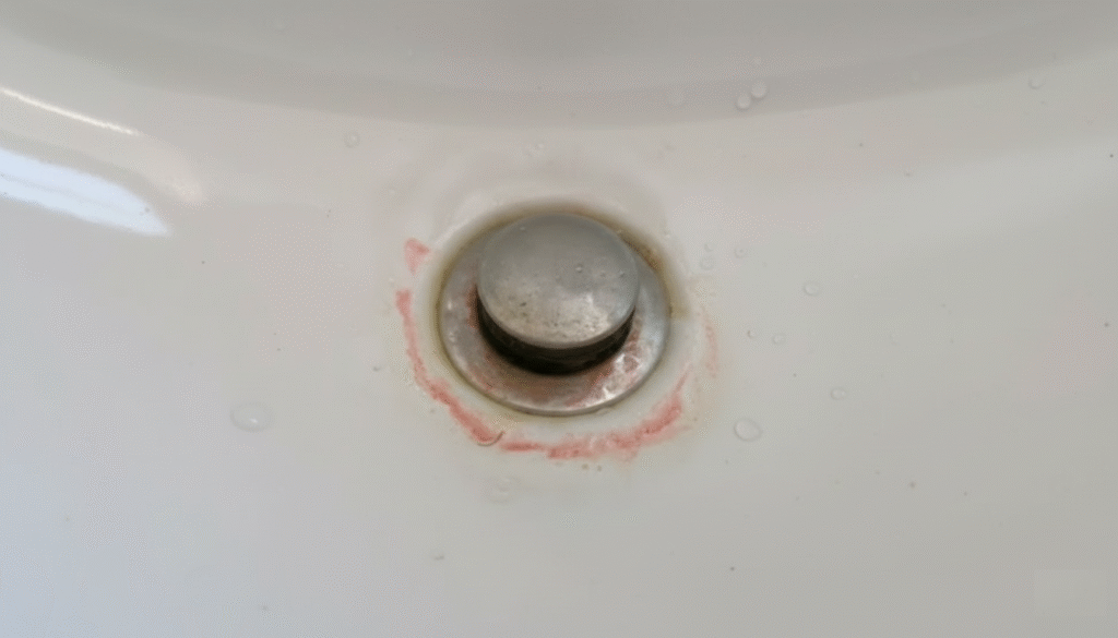 Close-up of a bathroom sink drain with pink mold accumulation around the metal stopper.