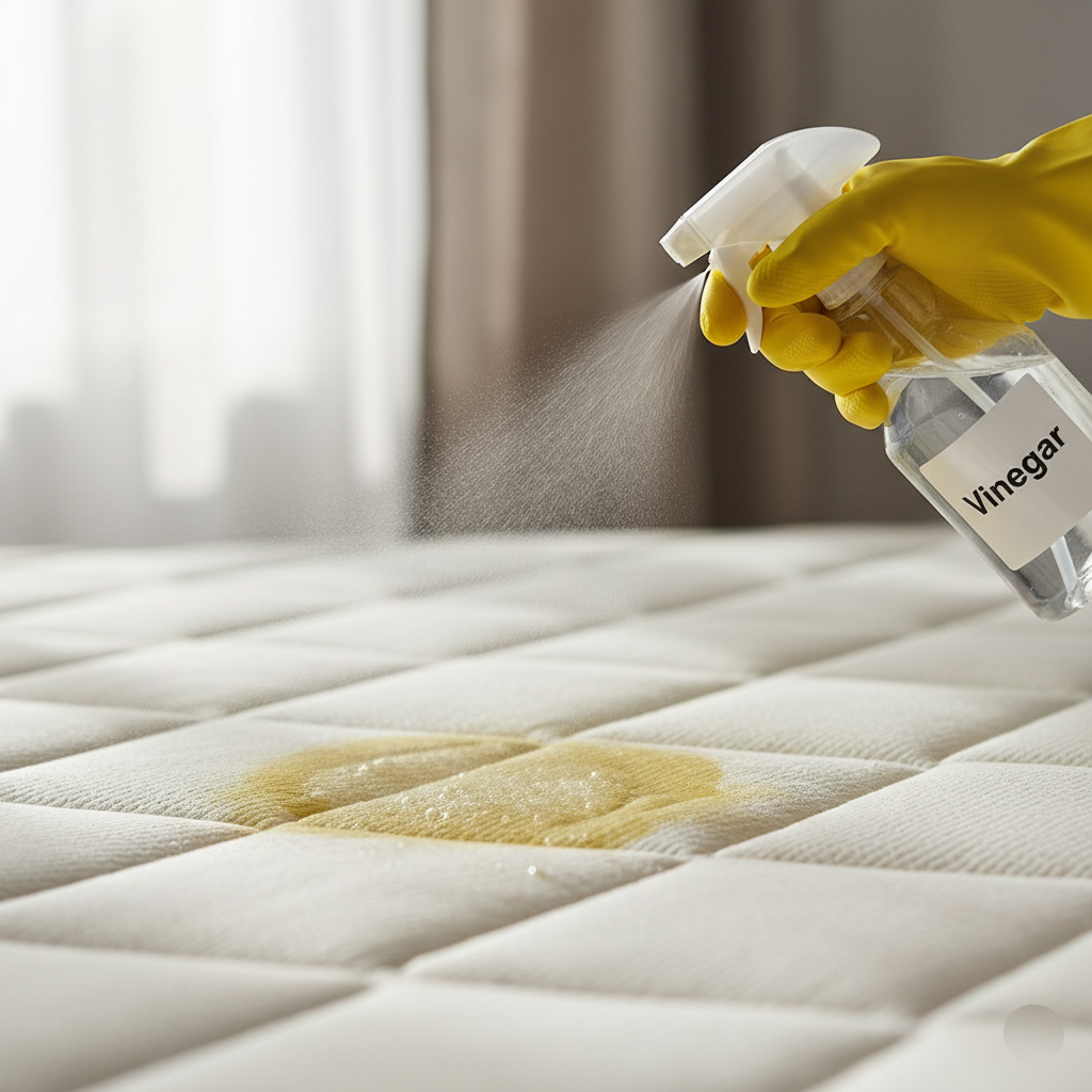 A person in yellow gloves spraying vinegar on a yellow urine stain on a mattress, illustrating a method for cleaning urine stains.