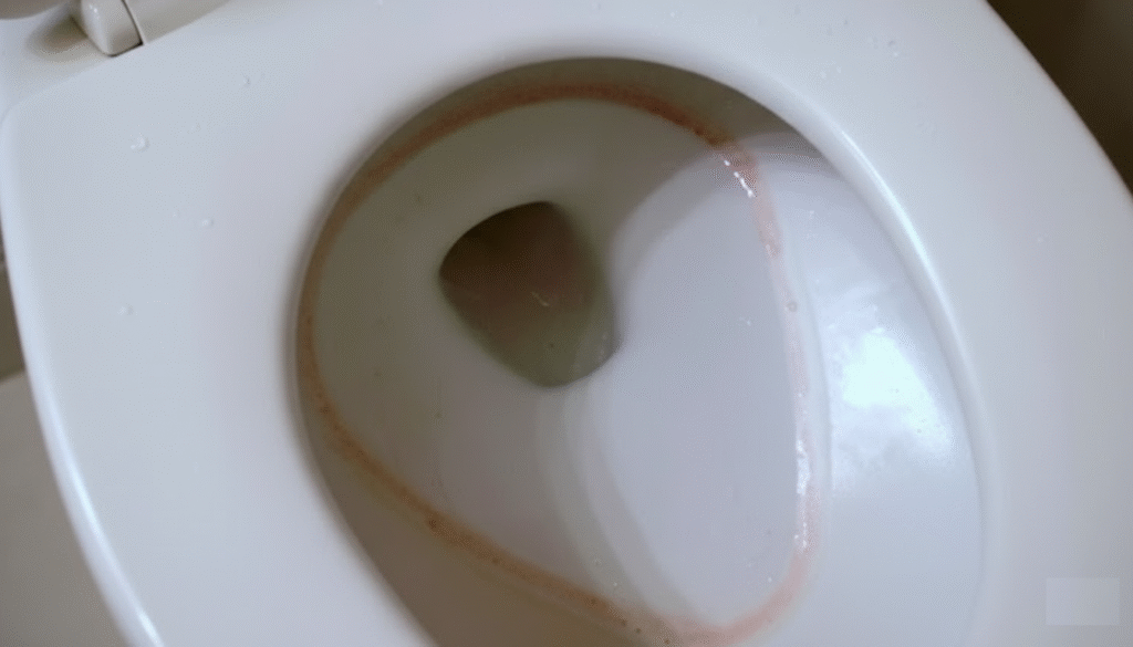 Inside of a toilet bowl showing a distinctive pink mildew ring around the waterline and interior.