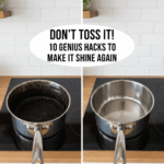 A before-and-after image showing a heavily burnt pot on the left and the same pot sparkling clean on the right after using cleaning hacks.