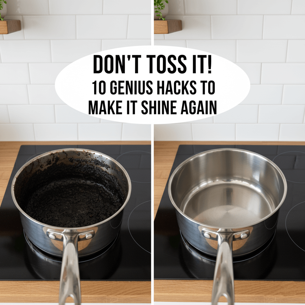 A before-and-after image showing a heavily burnt pot on the left and the same pot sparkling clean on the right after using cleaning hacks.