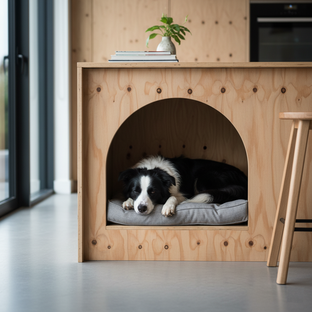 built-in-dog-den-under-kitchen-island A border collie dog resting in a custom built-in dog den integrated into a light plywood kitchen island, an excellent example of space-saving pet furniture in a modern home.