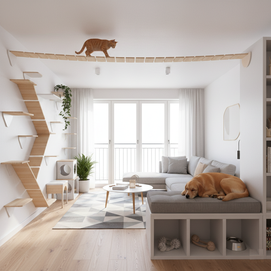 cat-superhighway-and-dog-lounge-living-room A modern living room with a cat walking on a wooden ceiling walkway and a golden retriever sleeping on a built-in dog lounge with storage, showcasing a multi-functional pet-friendly design.