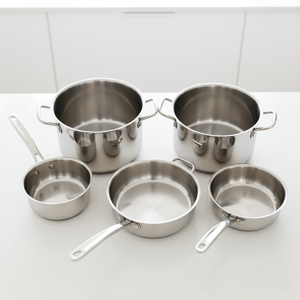: A collection of spotlessly clean and shiny stainless steel pots and pans arranged neatly on a bright white kitchen countertop.