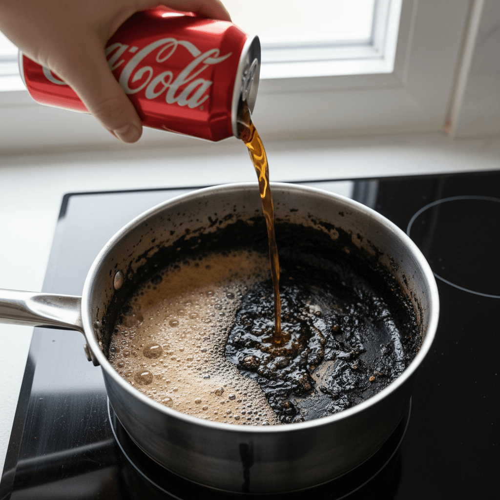 Pouring Coca-Cola from a can into a scorched saucepan, showing how the acidity of the soda helps to clean burnt-on food.