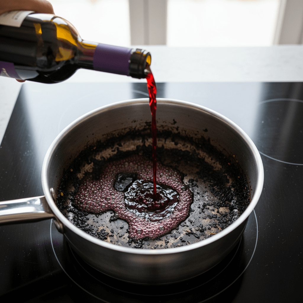 A hand pouring red wine from a bottle into a burnt stainless steel pan to demonstrate a natural cleaning hack for tough stains.