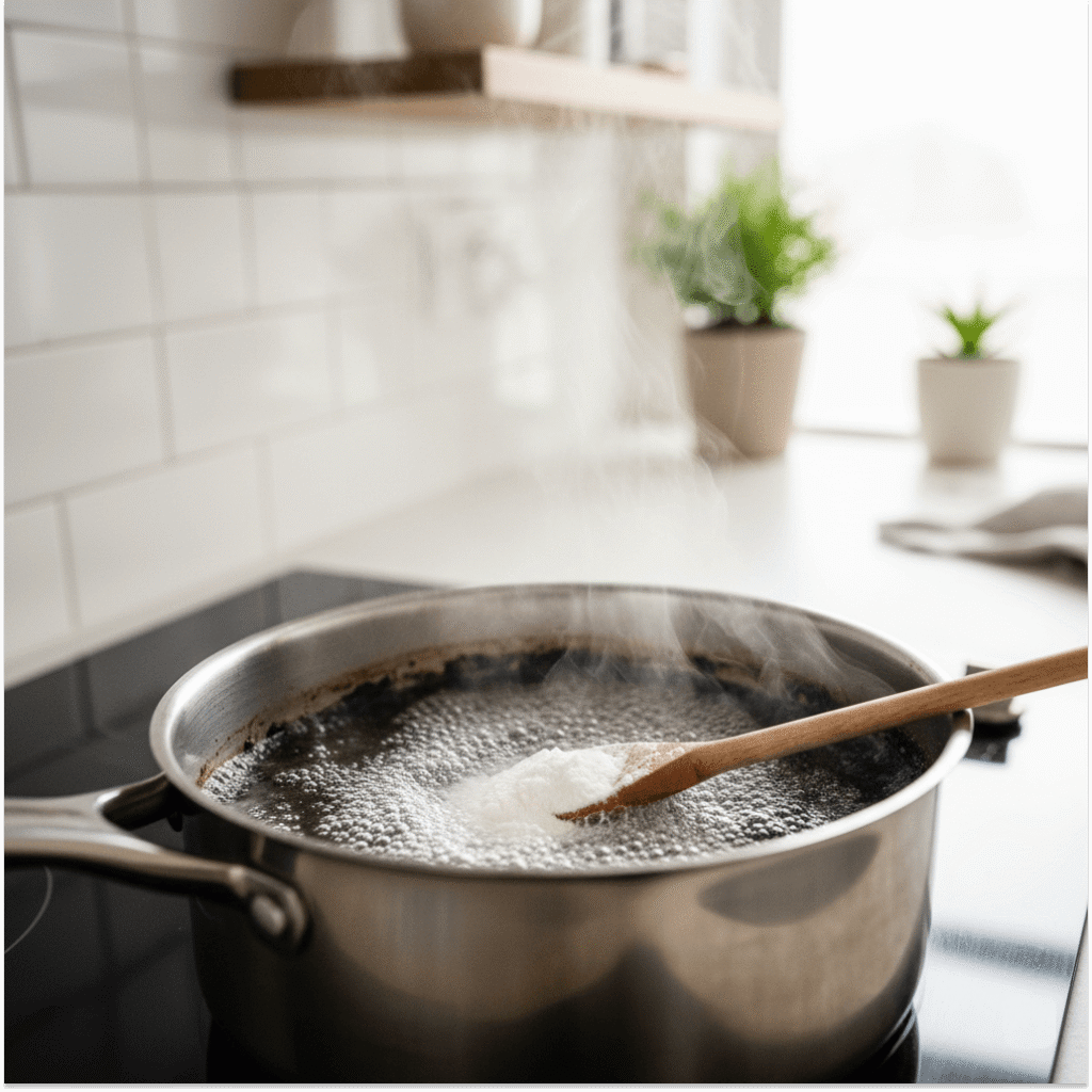 Adding a spoonful of baking soda to a pot of boiling water, a powerful and natural method for cleaning burnt-on food.