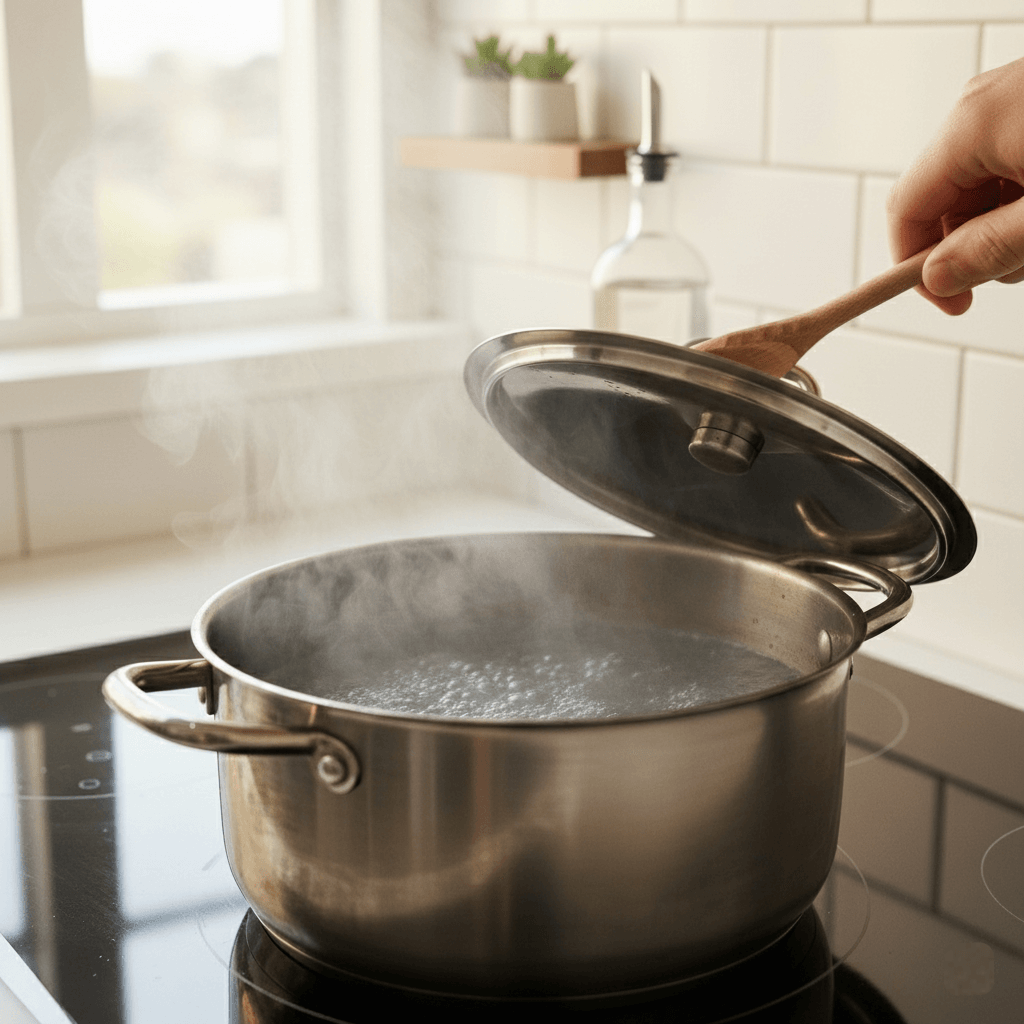A stainless steel pot of water boiling on a stovetop, illustrating a method for loosening burnt food with heat, vinegar.