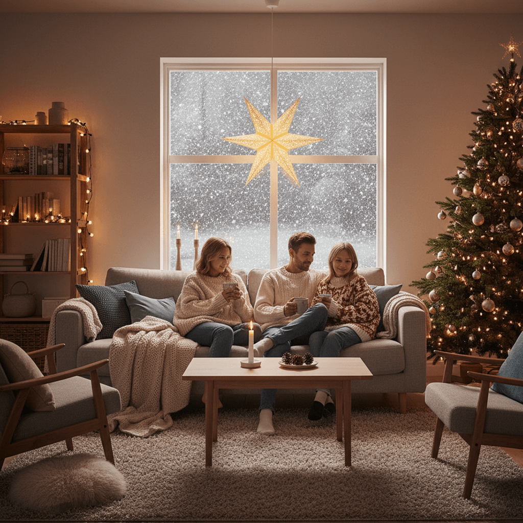 cozy-scandinavian-living-room-christmas-lights-family A cozy Scandinavian living room decorated for Christmas, with a family sitting on a sofa with mugs. The room is filled with warm golden light from IKEA Christmas lights, with snow visible outside the window.