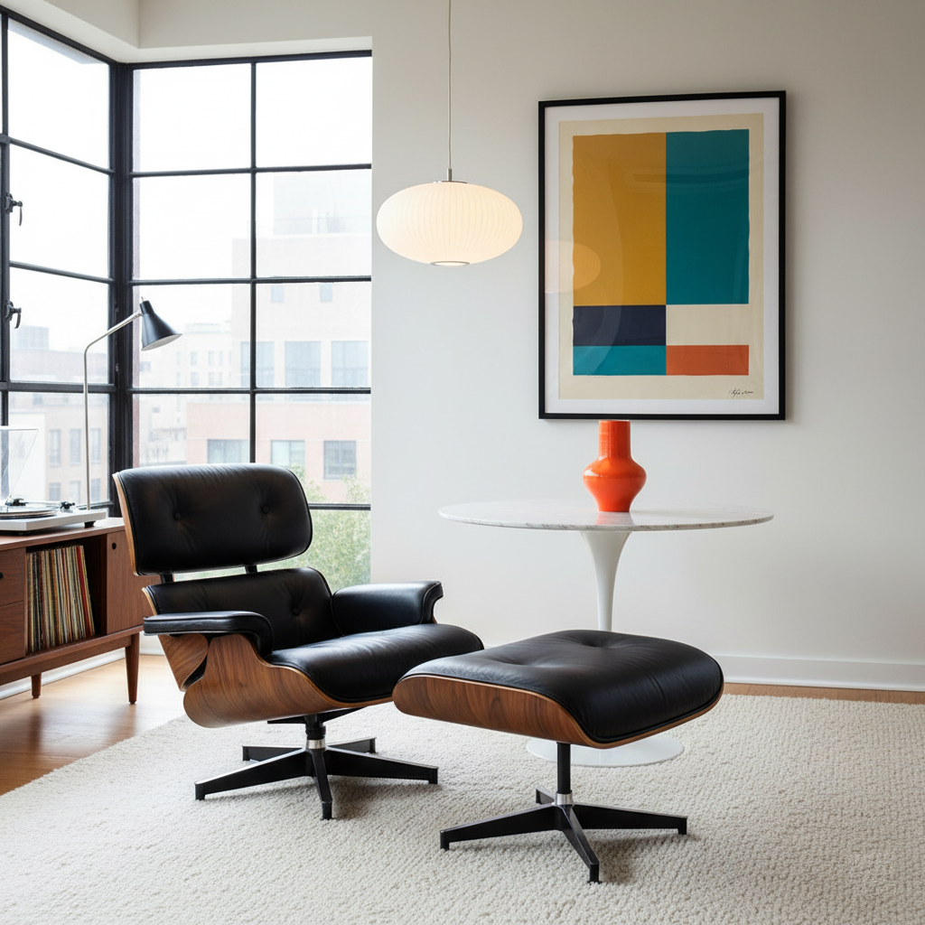 eames-lounge-chair-mid-century-modern-living-room Classic Eames Lounge Chair and Ottoman in a Mid-Century Modern living room with a walnut credenza and a bold, colorful abstract art print on the wall.
