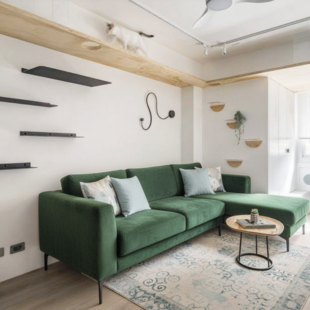 green-velvet-sofa-pet-friendly-living-room A cozy living room featuring a plush green velvet sofa, a cat on a high wooden walkway, and a dog sitting near a custom pet-friendly zone, with sleek black floating shelves on the wall.