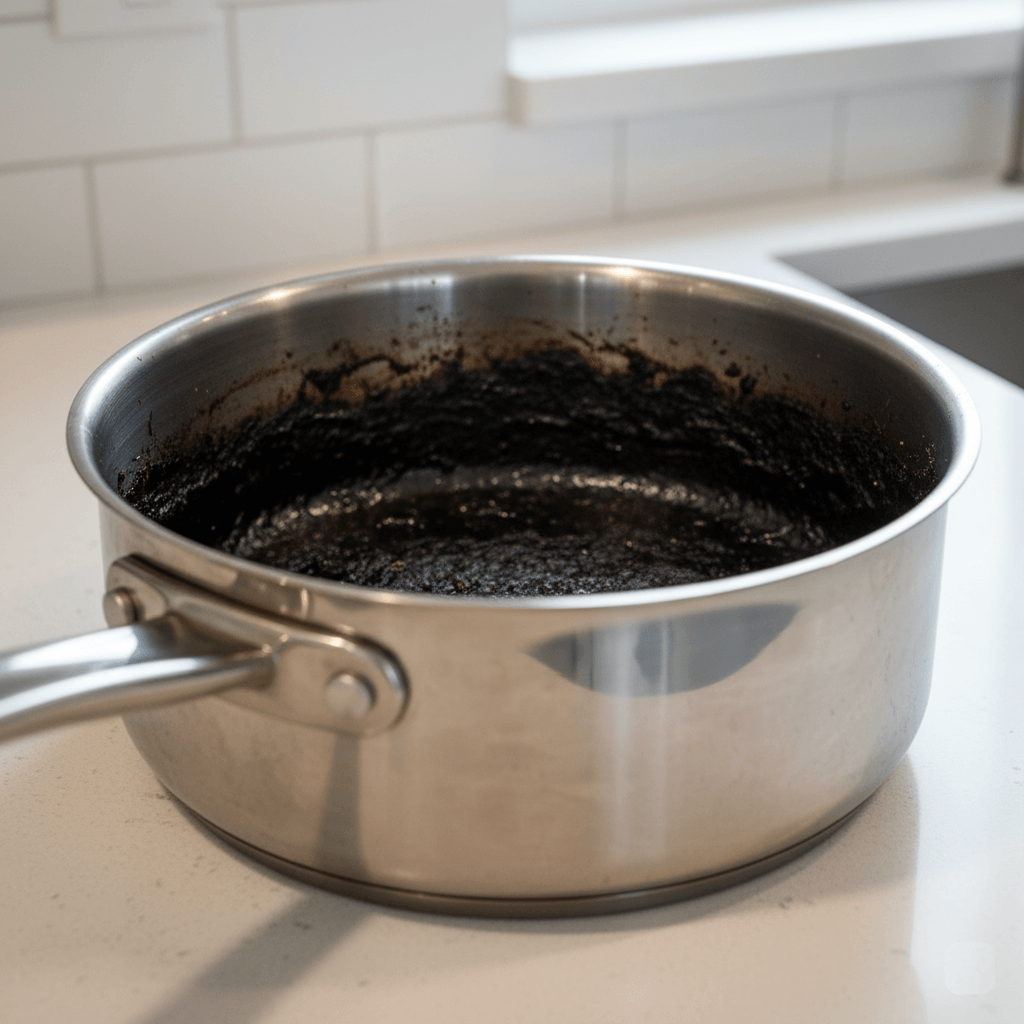 A close-up of a stainless steel pot with heavy, dark burnt residue on the bottom and sides, waiting to be cleaned.