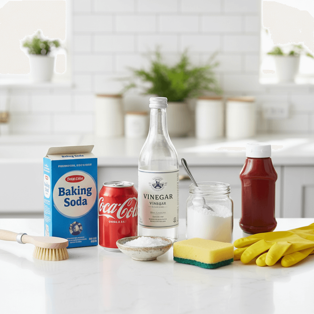 A collection of household items used for cleaning burnt pots, including baking soda, vinegar, cola, and ketchup, arranged on a kitchen counter.