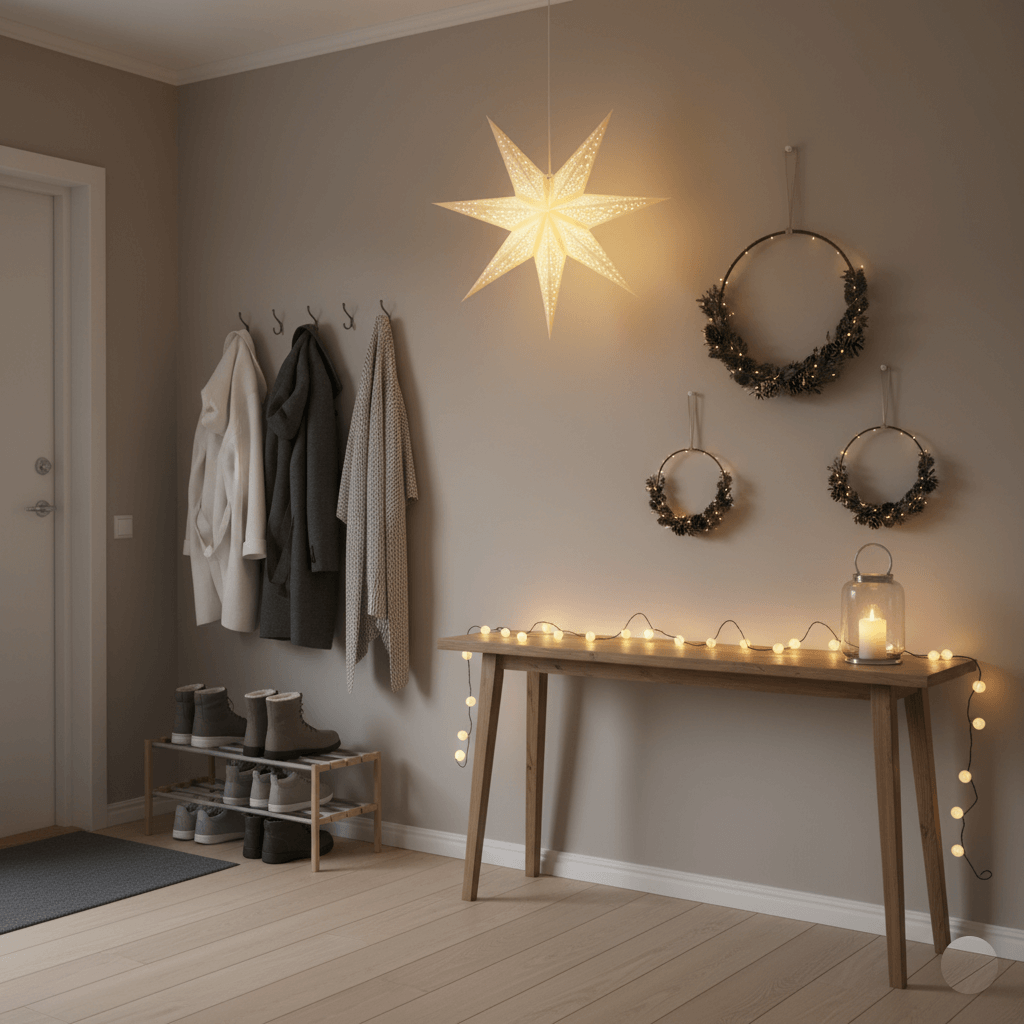 ikea-christmas-lights-wreath-entryway-decor A welcoming entryway styled for Christmas with neutral tones and modern Scandinavian decor. The space is decorated with IKEA holiday lights and wreaths, with soft lighting and coats by the door.