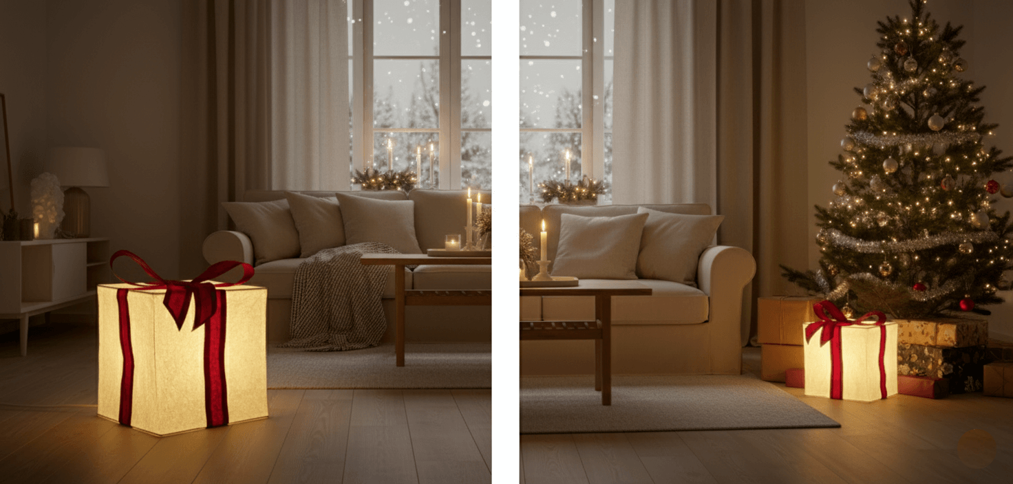 An illuminated IKEA gift box lamp with a red ribbon, featured in two cozy Scandinavian Christmas living room settings. The backgrounds include warm lighting, beige and soft gold colors, snow visible outside the windows, and a festive mood with a decorated Christmas tree.