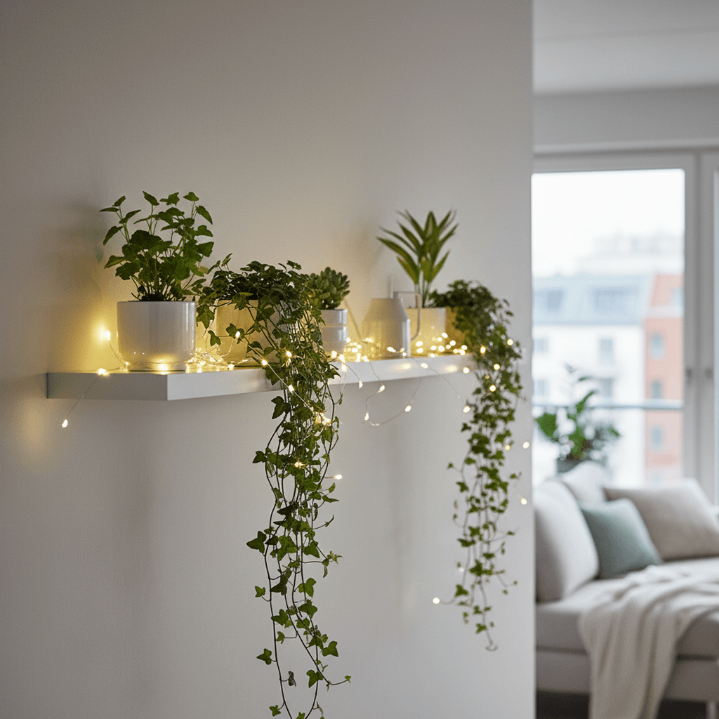 ikea-led-string-lights-indoor-plants-shelf A minimalist shelf with indoor plants intertwined with IKEA-inspired LED string lights. The natural decor and soft green and white colors create a festive and fresh look in a modern apartment.
