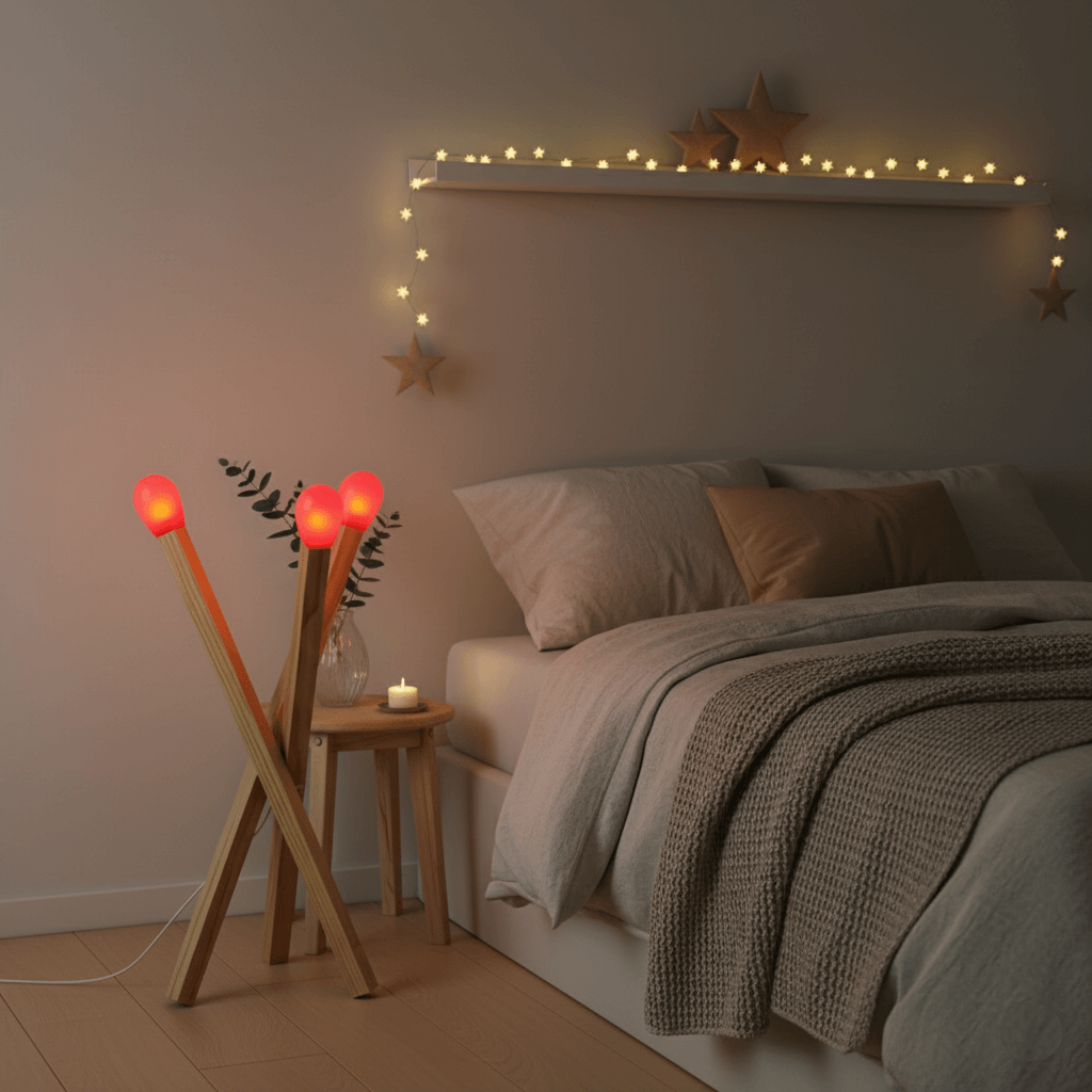 A unique IKEA matchstick-inspired lamp with glowing red tops, placed in a minimalist Scandinavian bedroom. The room features soft blankets, subtle Christmas decorations, muted colors, and gentle warm lighting for a cozy hygge atmosphere.