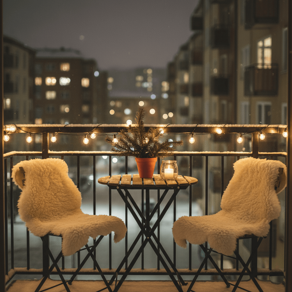 ikea-outdoor-string-lights-balcony-winter-decor A cozy balcony at night, decorated with IKEA's weatherproof outdoor string lights. A small table and chair set are visible, along with pine branches and snow on the railing, creating a warm urban winter retreat.