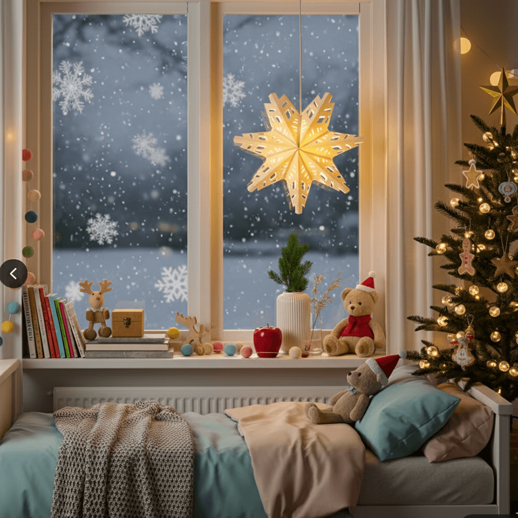 ikea-star-lamp-kids-room-christmas-decorv An IKEA star-shaped pendant lamp glowing on a windowsill in a cozy children's room, decorated for winter. Playful holiday decorations like toy reindeer, colorful garlands, and plush animals are nearby, with gently falling snow outside the window. The room features children's books, pastel bedding, and a whimsical Christmas tree, creating a cheerful and festive atmosphere.