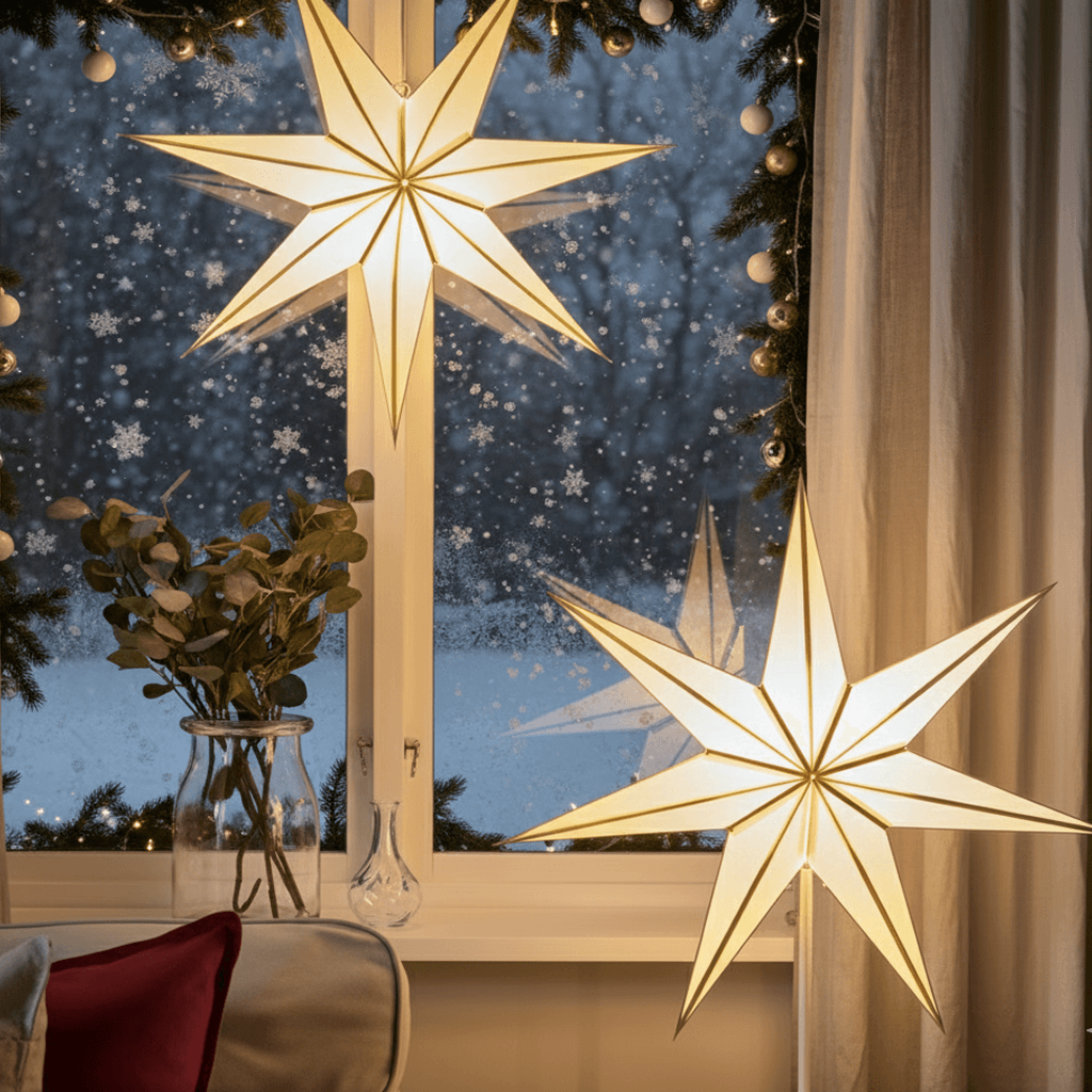 ikea-star-lamps-winter-window-christmas-decor Two IKEA star-shaped lamps (one pendant, one table lamp) illuminating a Scandinavian-style window scene during winter. Softly falling snow is visible outside, with warm golden lighting and subtle Christmas garlands and ornaments around the window frame, creating a cozy and festive mood.
