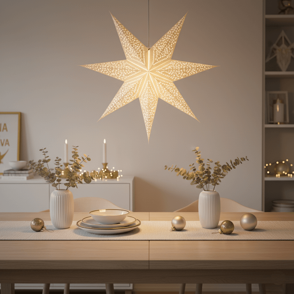 ikea-star-pendant-lamp-minimalist-dining-table A star-shaped pendant lamp inspired by IKEA's STRÅLA series, glowing softly above a minimalist dining table with festive decorations in a gold and white color palette, creating a warm Scandinavian ambience.