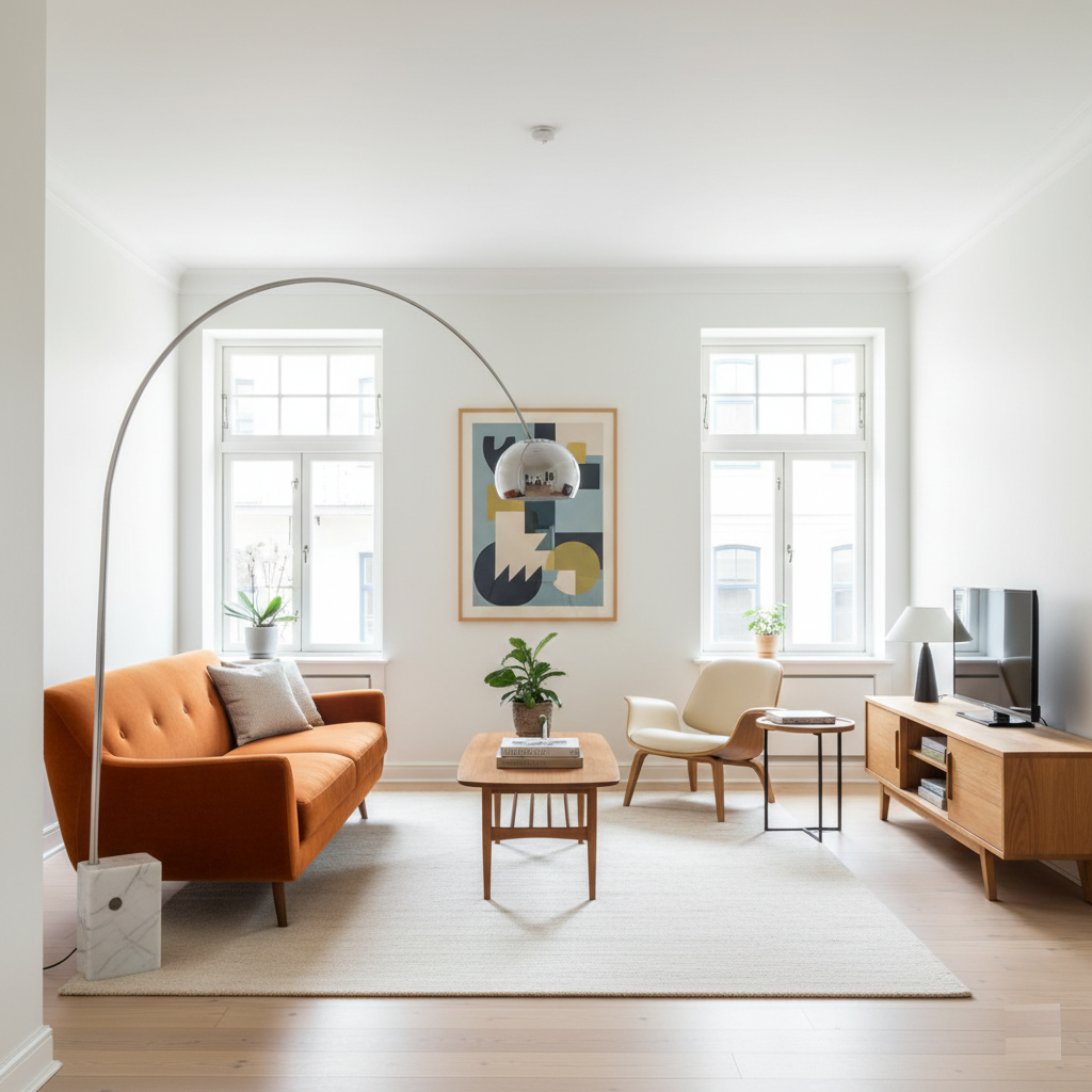 A bright living room mixing Scandinavian style with a Mid-Century Modern touch. A cozy orange sofa and a sleek floor lamp stand out against a minimalist, white-walled background.