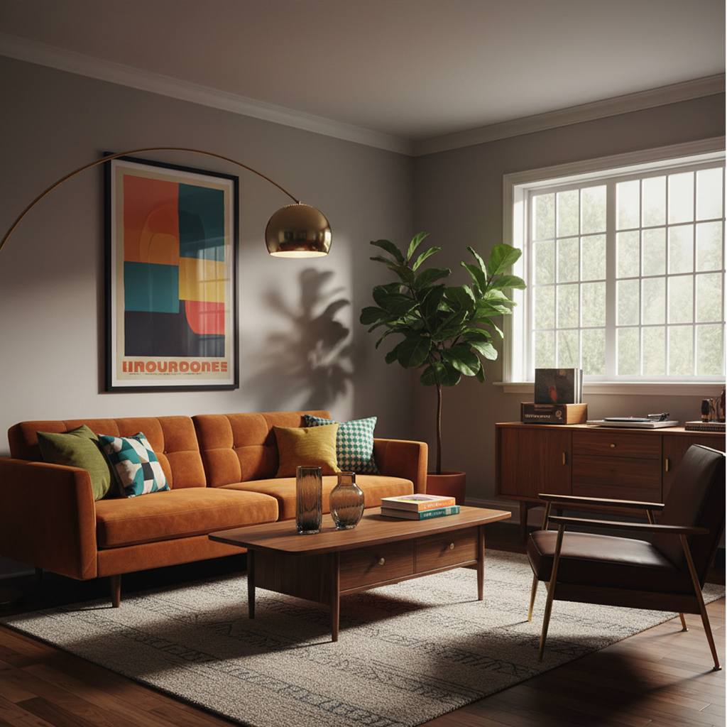 mid-century-modern-bold-color-palette A Mid-Century Modern living room featuring an orange velvet sofa, a walnut coffee table, and a brown leather chair, showcasing a rich, retro color palette and luxurious textures.