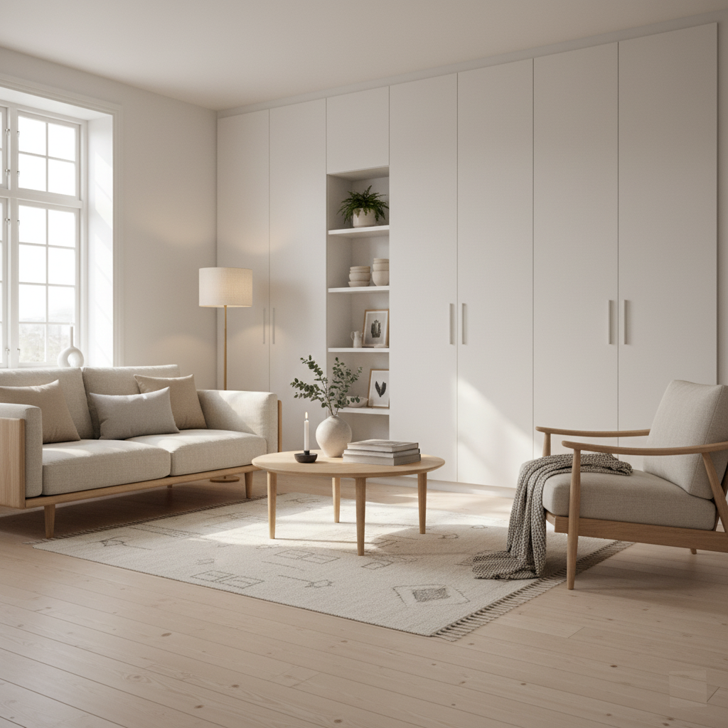 minimalist-scandinavian-living-room A minimalist Scandinavian living room with soft, light-colored furniture, a pale wood floor, and large windows that fill the space with natural light.