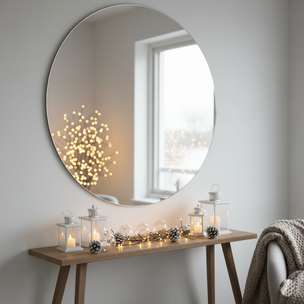 mirror-reflecting-christmas-led-lights-scandinavian-interior A mirror on the wall reflecting sparkling Christmas LED lights and nearby small lanterns. The image shows a mix-and-match style in a Scandinavian interior with an elegant touch and a soft holiday glow during the daytime.