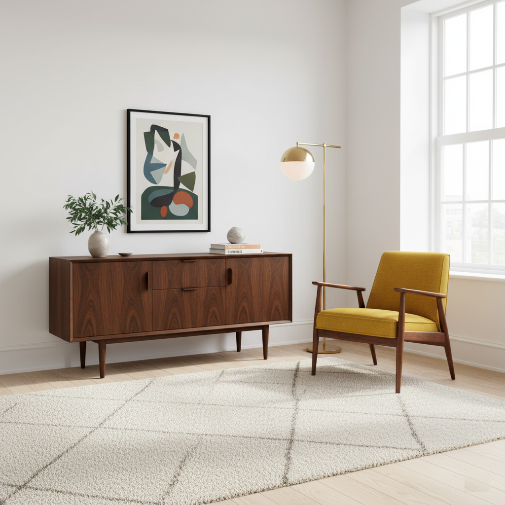 mixed-mid-century-and-scandinavian-style A stylish mix of design elements with a minimalist Scandinavian backdrop, including a dark walnut credenza and a mustard yellow Mid-Century Modern chair as a vibrant focal point.