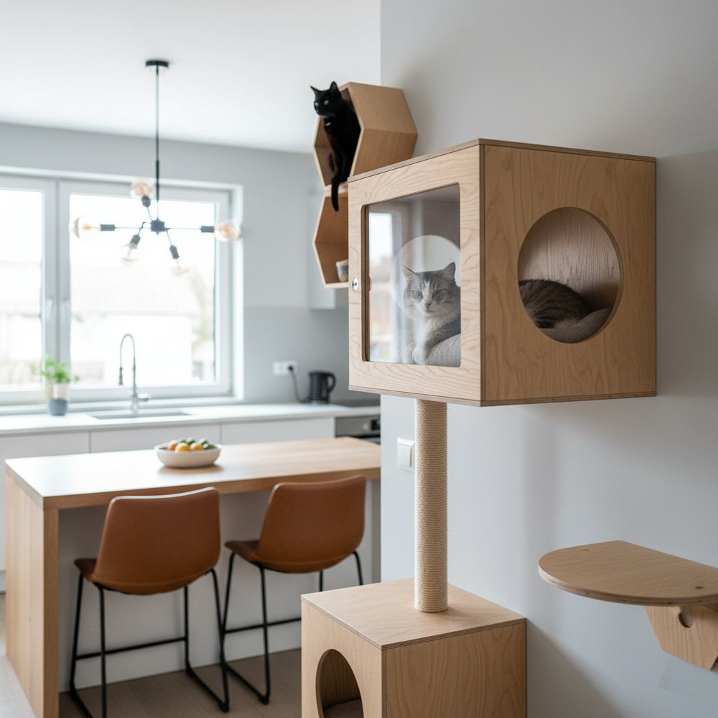 modern-modular-cat-tower-kitchen Cats in a modern, modular wooden cat tower with a transparent front panel, situated next to a minimalist kitchen island, demonstrating a stylish and integrated pet furniture solution.